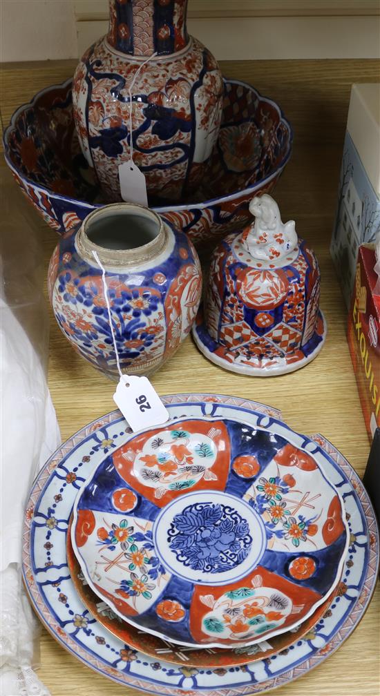 A collection of Japanese Imari wares and a Kutani plate (damage and repairs)